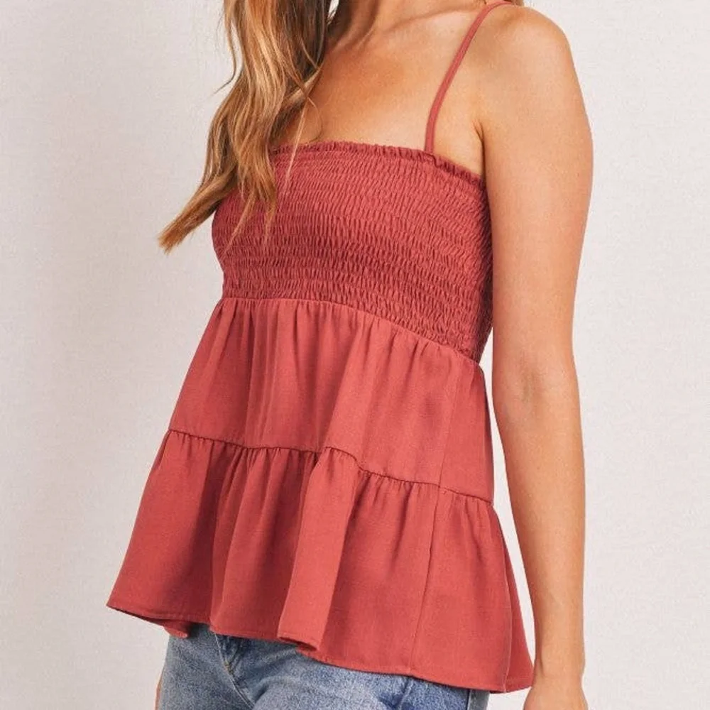 NWT Rust Red Tiered Smocked Bust Spaghetti Strap Tank Top - Picture 3 of 5